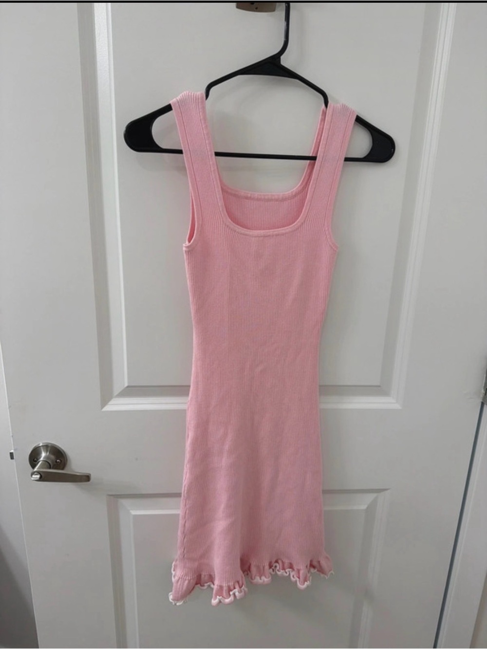 Amazon Pink Ribbed Square-Neck Mini Dress with Ruffle Hem